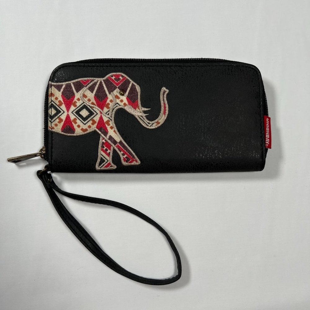 Unionbay Elephant wallet‎ zip around wristlet black faux leather boho design